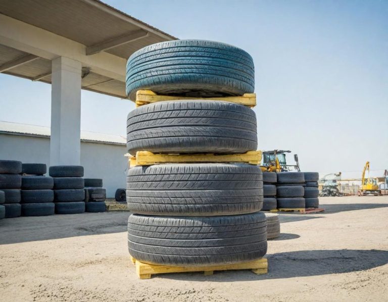 Tire Press at South Jersey Lift Stack of four large, used tires on a wooden pallet in a storage area.